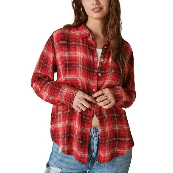 Lucky Brand Women's Cloud Soft Plaid Relaxed Boyfriend Button down Shirt Red XS - Picture 5 of 9